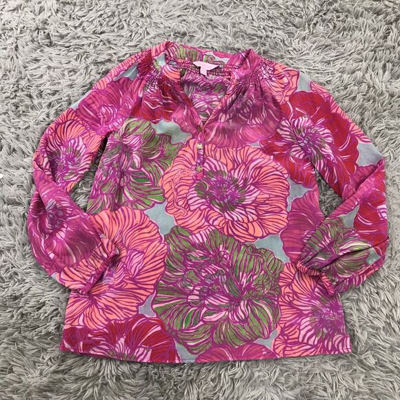 Lilly Pulitzer blouse XXS / 2XS Elsa Top PINK/Tourquoise Floral 100% silk - Picture 3 of 8